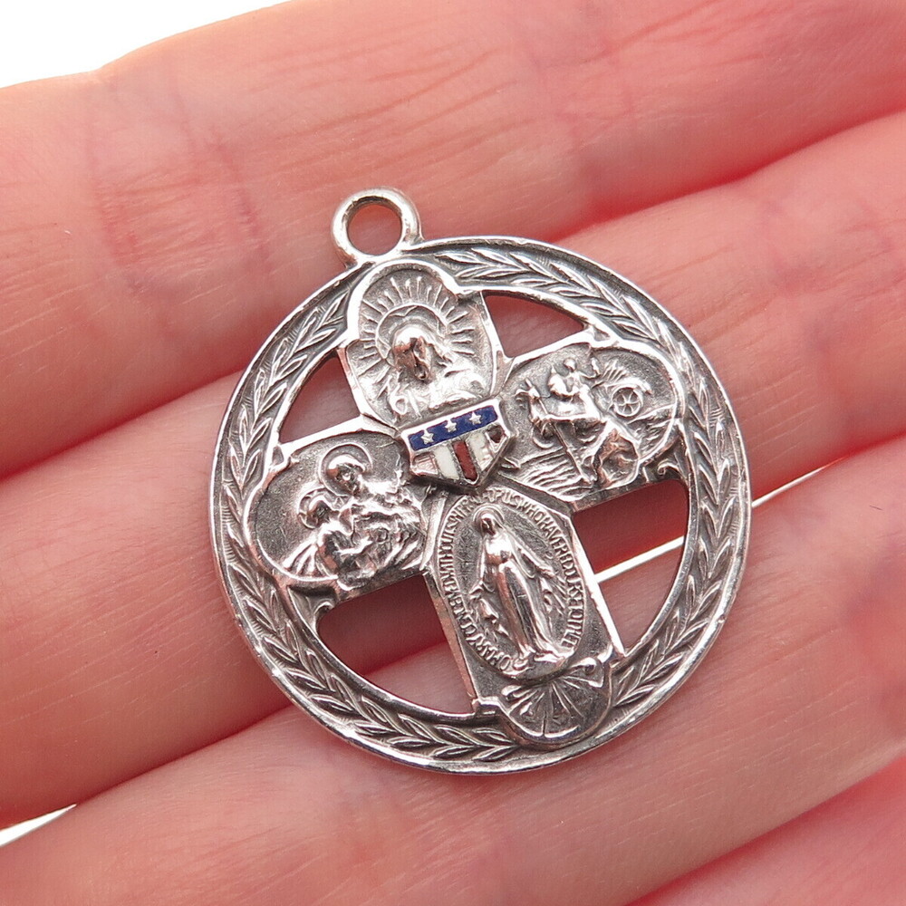 925 Sterling Silver Antique WWII Enamel 4-Way Cross Military Medal Charm Pendant